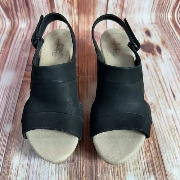 Clarks ANNADEL IVORY Size 8 Black Suede Cork Wedge Heel Sandals Open Toe Shoes - Picture 3 of 10